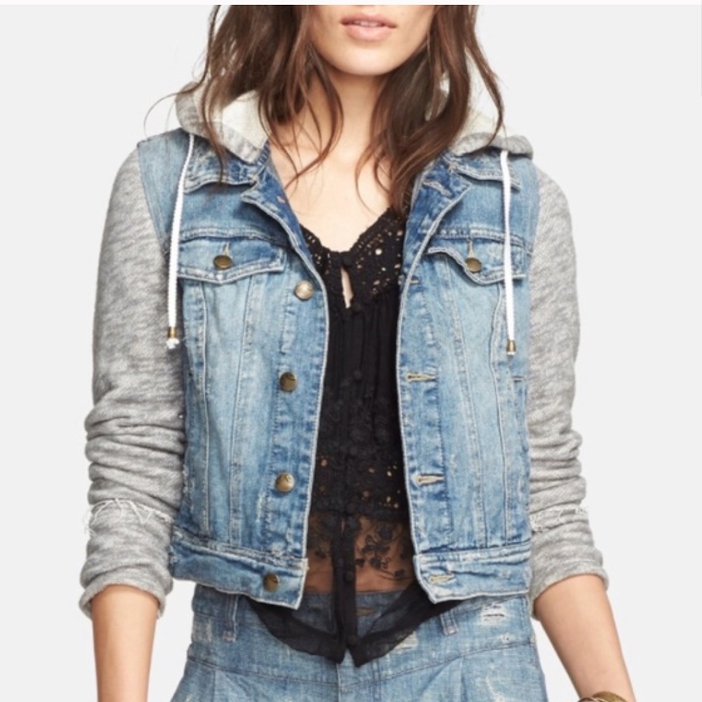 Free people Jean jacket with sweatshirt sleeves